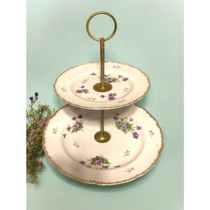 Lefton Two Tier Hand Painted Serving Tray White Purple flowers floral